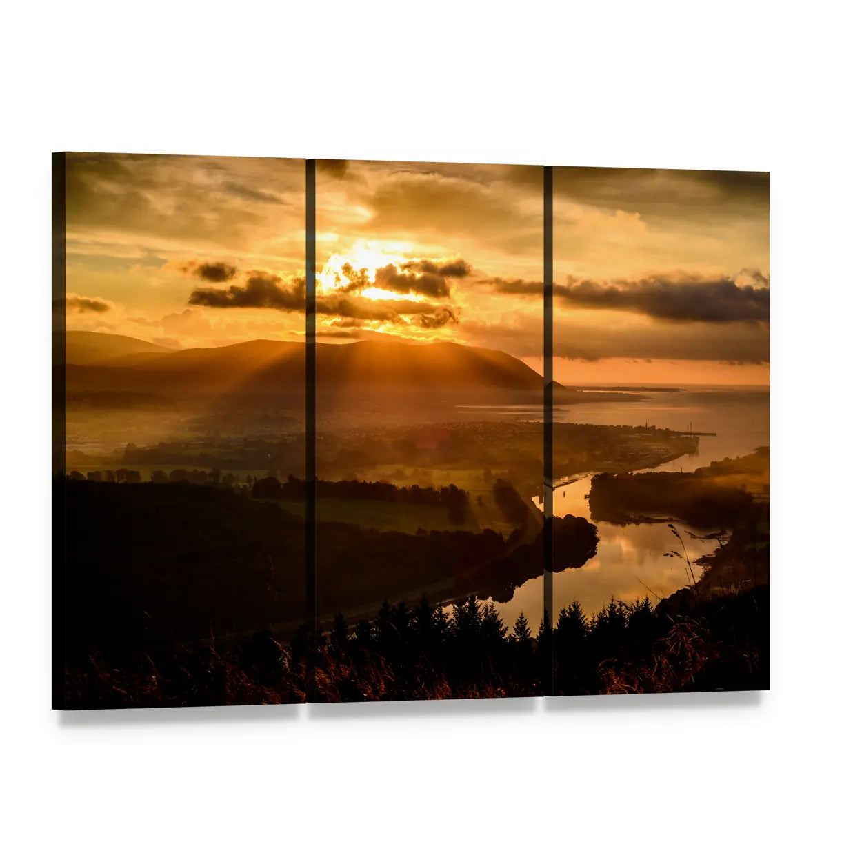 Mourne Mountains Sunset Over River Valley Canvas Wall Art, 3 panel 3 Horizontal layout gallery wrapped canvas set, angled product view