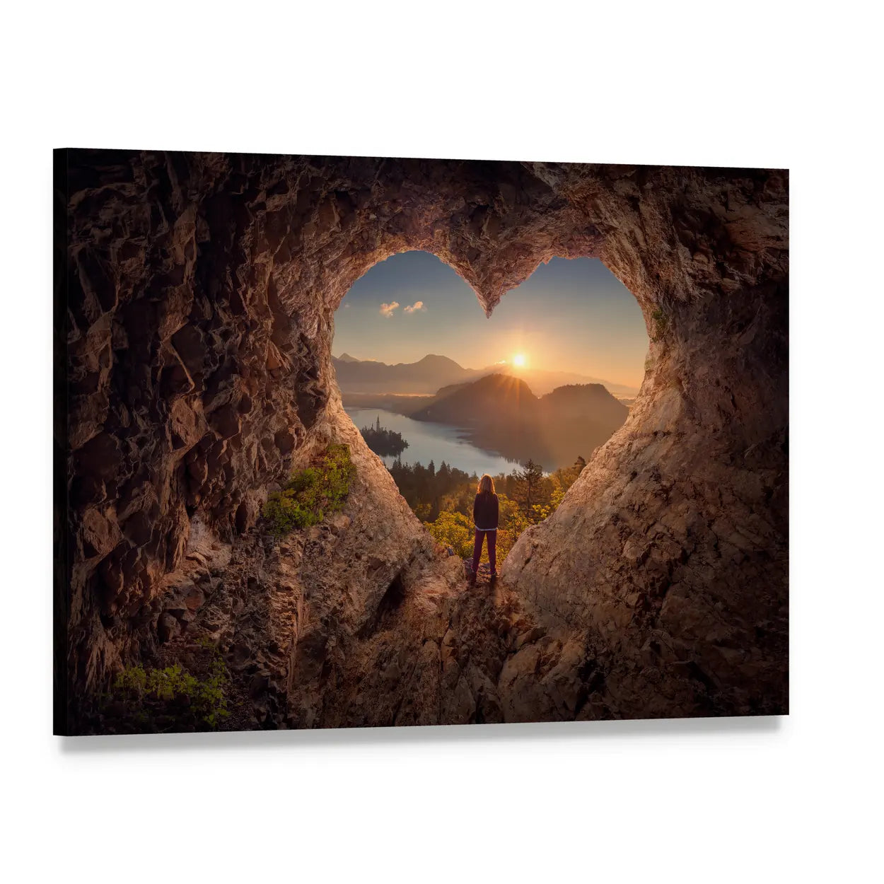 Silhouette in Heart-shaped Cave at Sunset Canvas Wall Art, single panel gallery wrapped canvas, angled product view