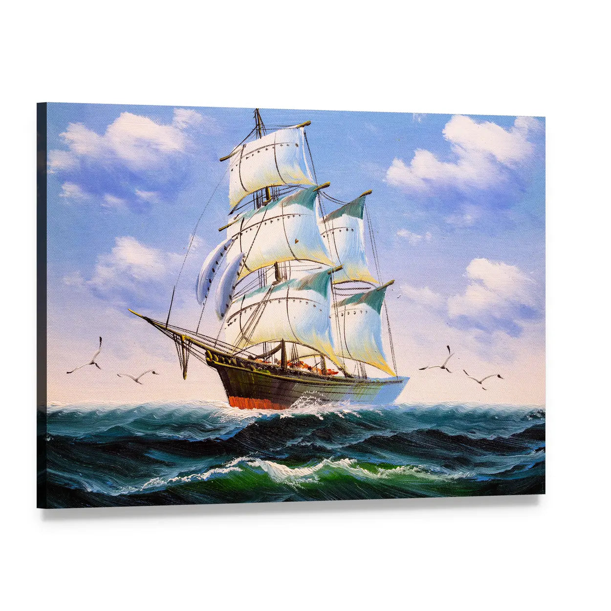 Three-masted Sailing Ship at Sea Canvas Wall Art, single panel gallery wrapped canvas, angled product view