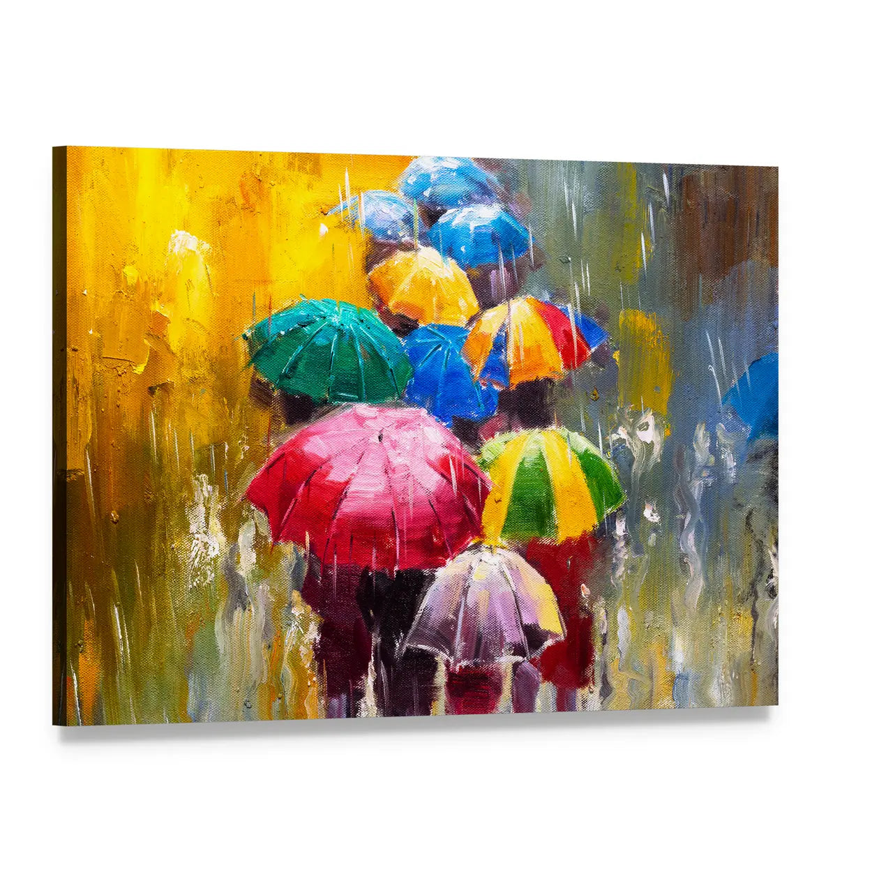 Rainy Street with Colorful Umbrellas Canvas Wall Art, single panel gallery wrapped canvas, angled product view