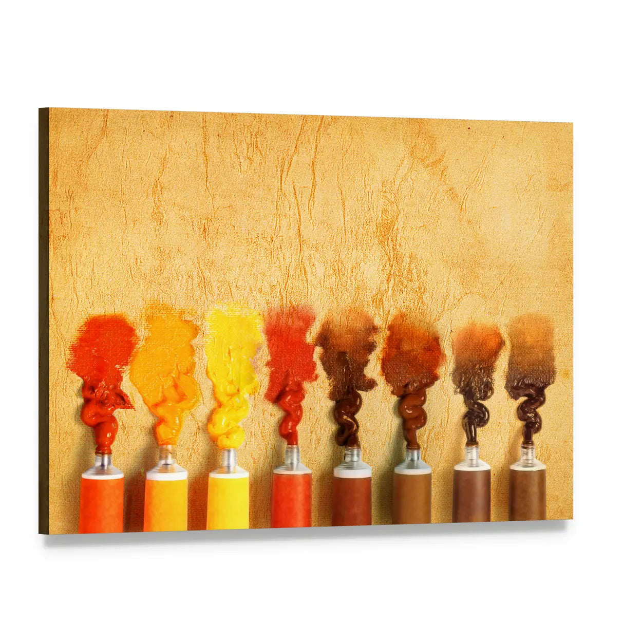 Eight Paint Tubes in Warm Yellow-brown Gradient Canvas Wall Art, single panel gallery wrapped canvas, angled product view