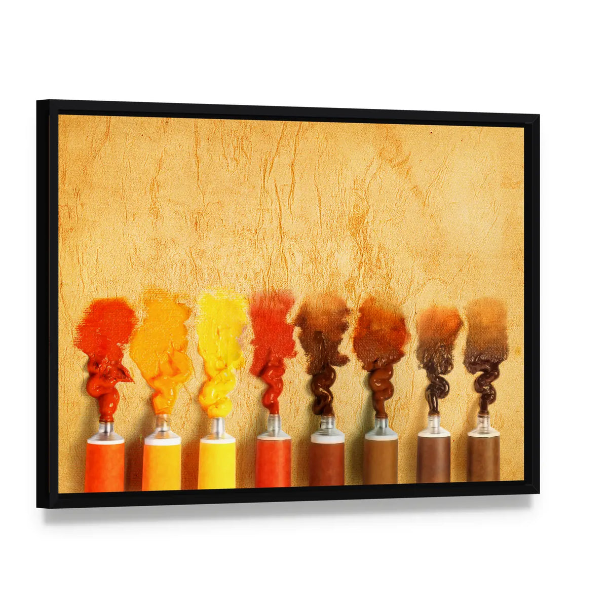 Eight Paint Tubes in Warm Yellow-brown Gradient Canvas Wall Art, framed canvas in a black floater frame, angled product view