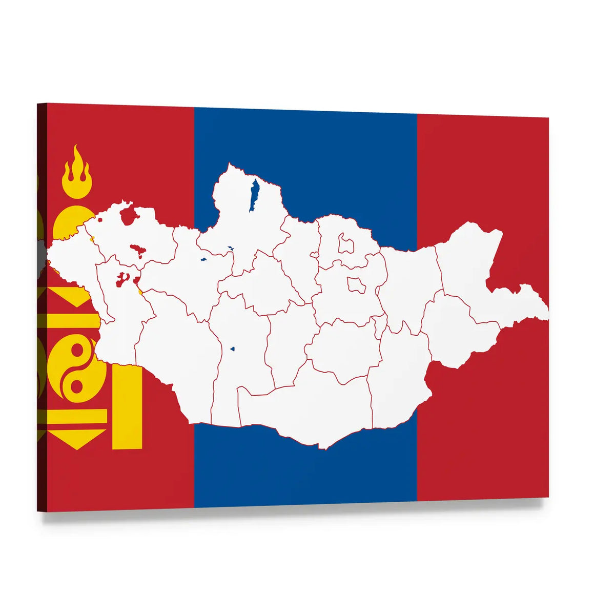 Map and Flag of Mongolia Canvas Wall Art, single panel gallery wrapped canvas, angled product view