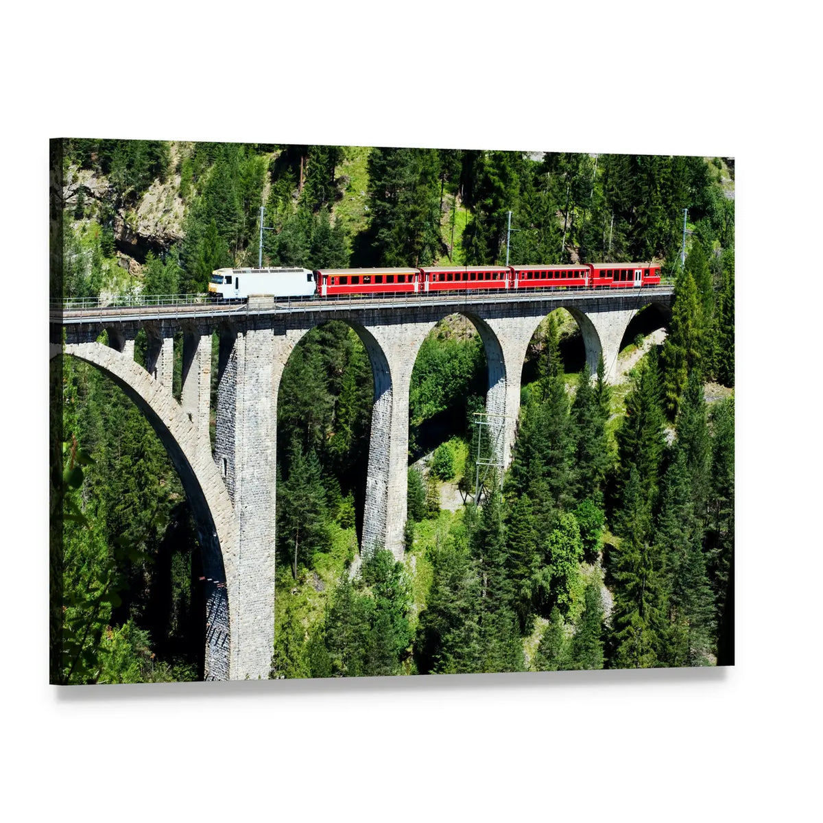 Swiss Train on Curved Stone Viaduct Canvas Wall Art, single panel gallery wrapped canvas, angled product view