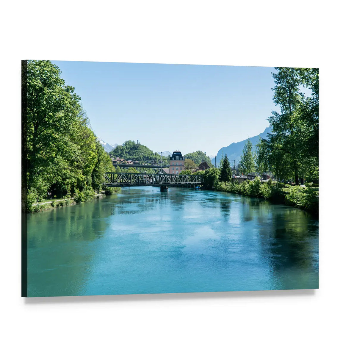 Fishing in Village by River Bridge Canvas Wall Art, single panel gallery wrapped canvas, angled product view