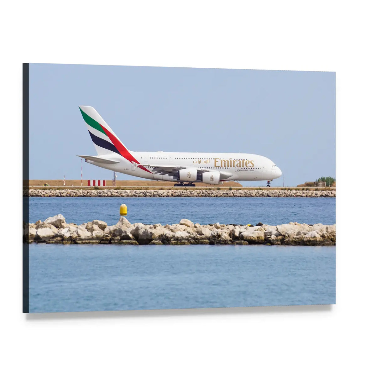 Emirates A380 on Coastal Taxiway Canvas Wall Art, single panel gallery wrapped canvas, angled product view