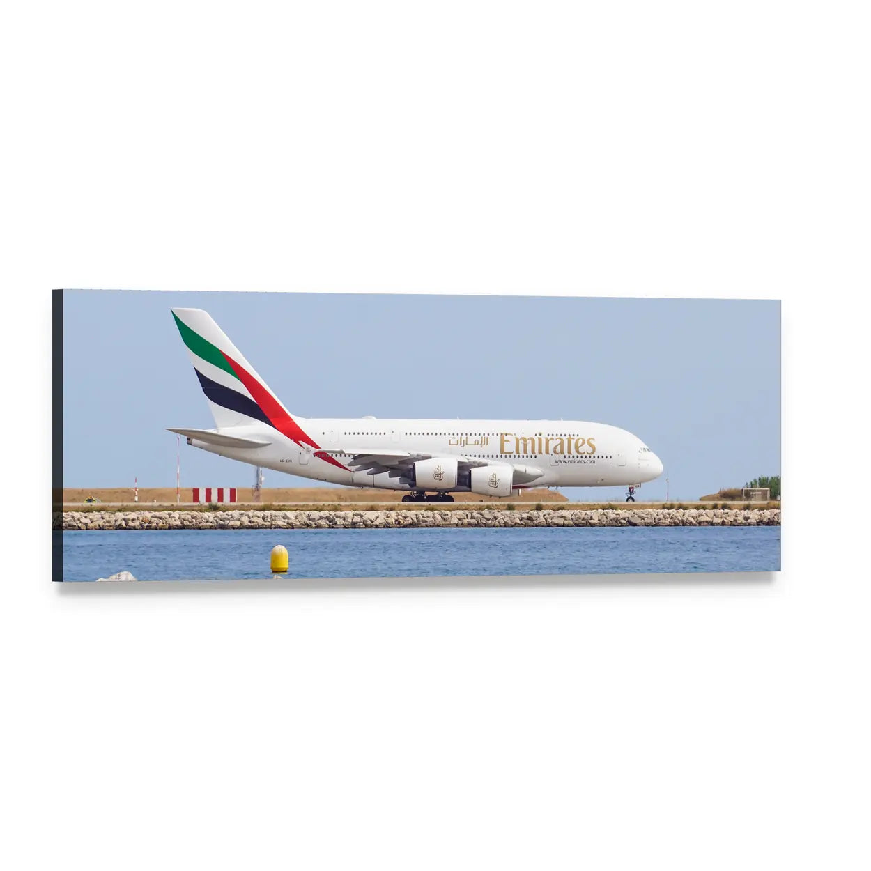 Emirates Passenger Plane Panoramic Canvas Wall Art, single panel gallery wrapped canvas, angled product view