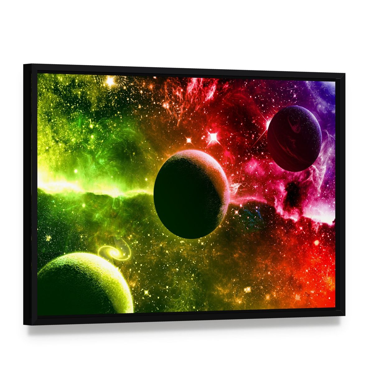 Universe Galaxy Nebula Stars and Planets Canvas Wall Art, framed canvas in a black floater frame, angled product view