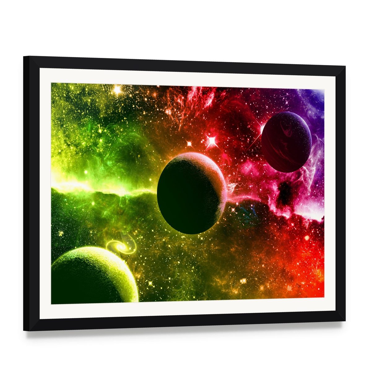 Universe Galaxy Nebula Stars and Planets Canvas Wall Art, framed print with white mat and black frame, angled product view