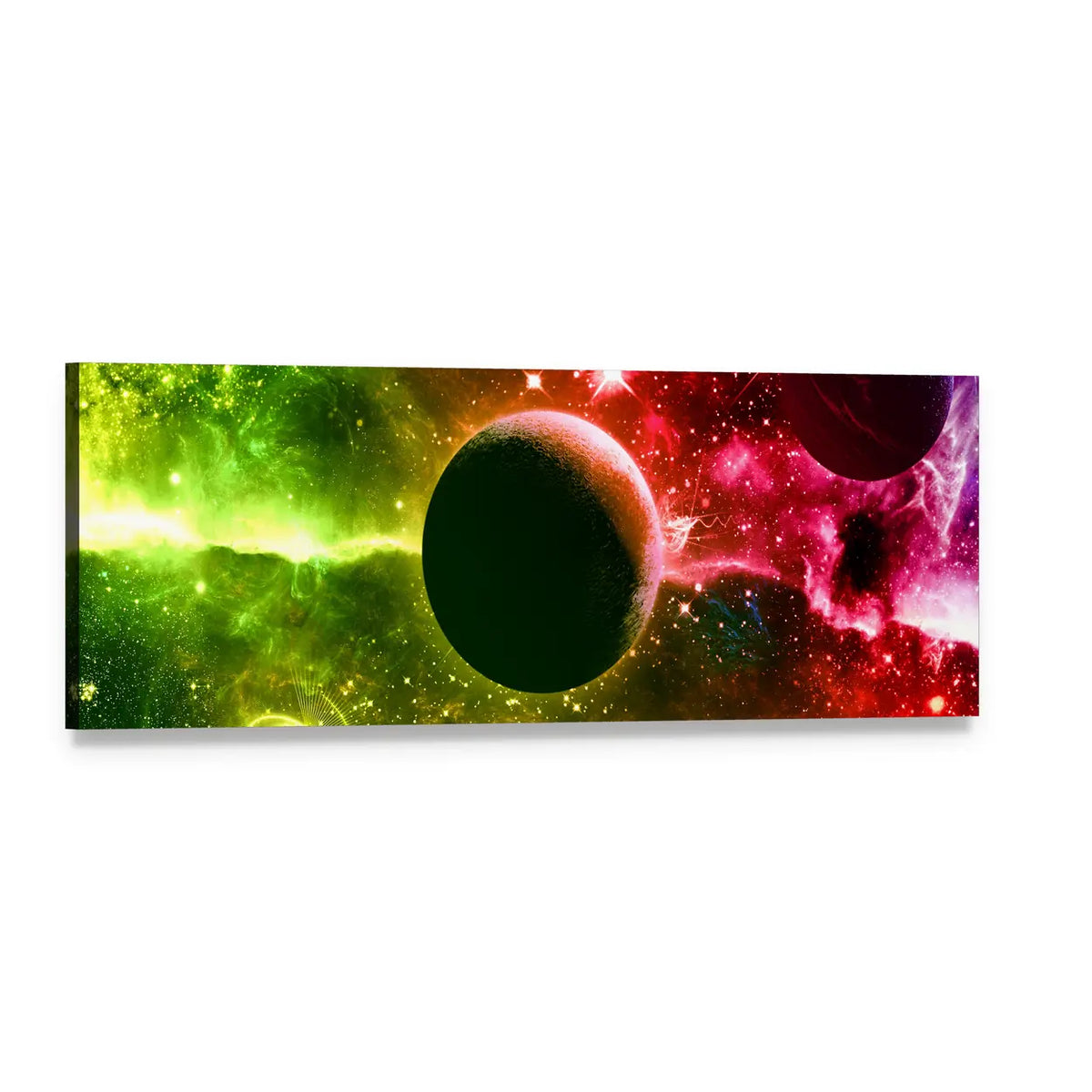 Dark Planet with Green and Red Nebula Panoramic Canvas Wall Art, single panel gallery wrapped canvas, angled product view
