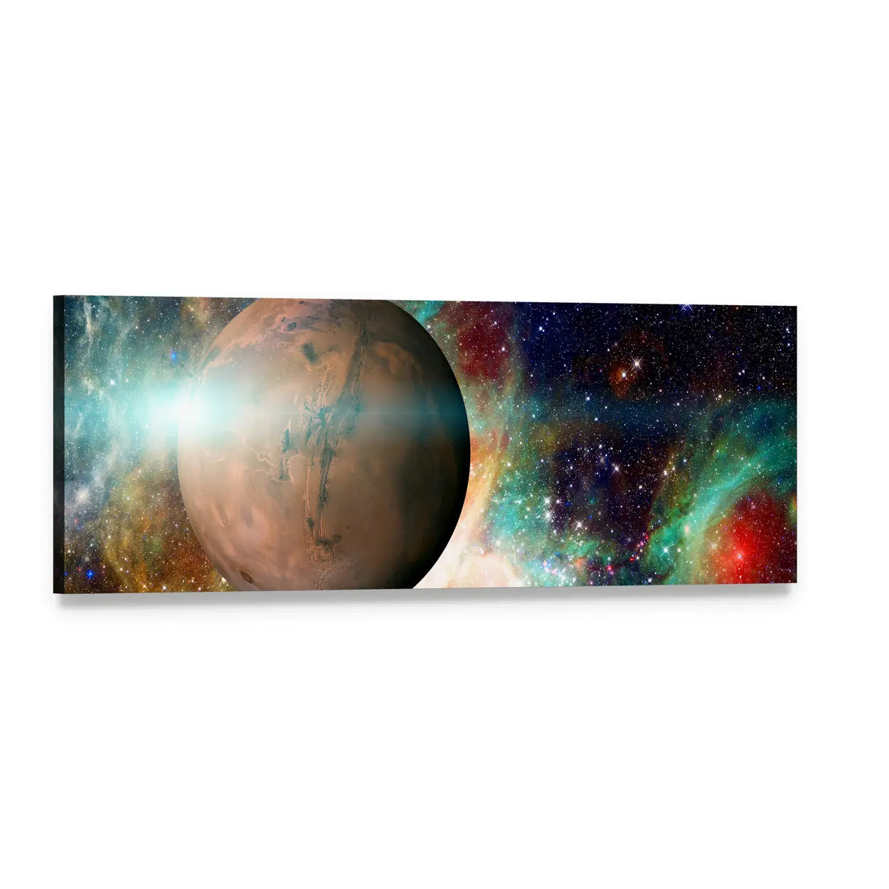 Mars-like Planet Over Nebula Panoramic Canvas Wall Art, single panel gallery wrapped canvas, angled product view