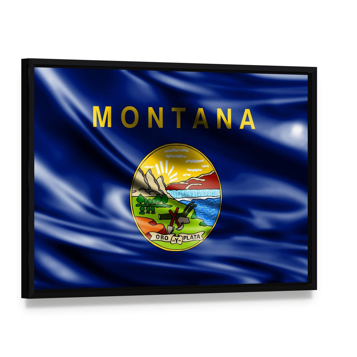 Montana Flag with State Seal Canvas Wall Art, framed canvas in a black floater frame, angled product view