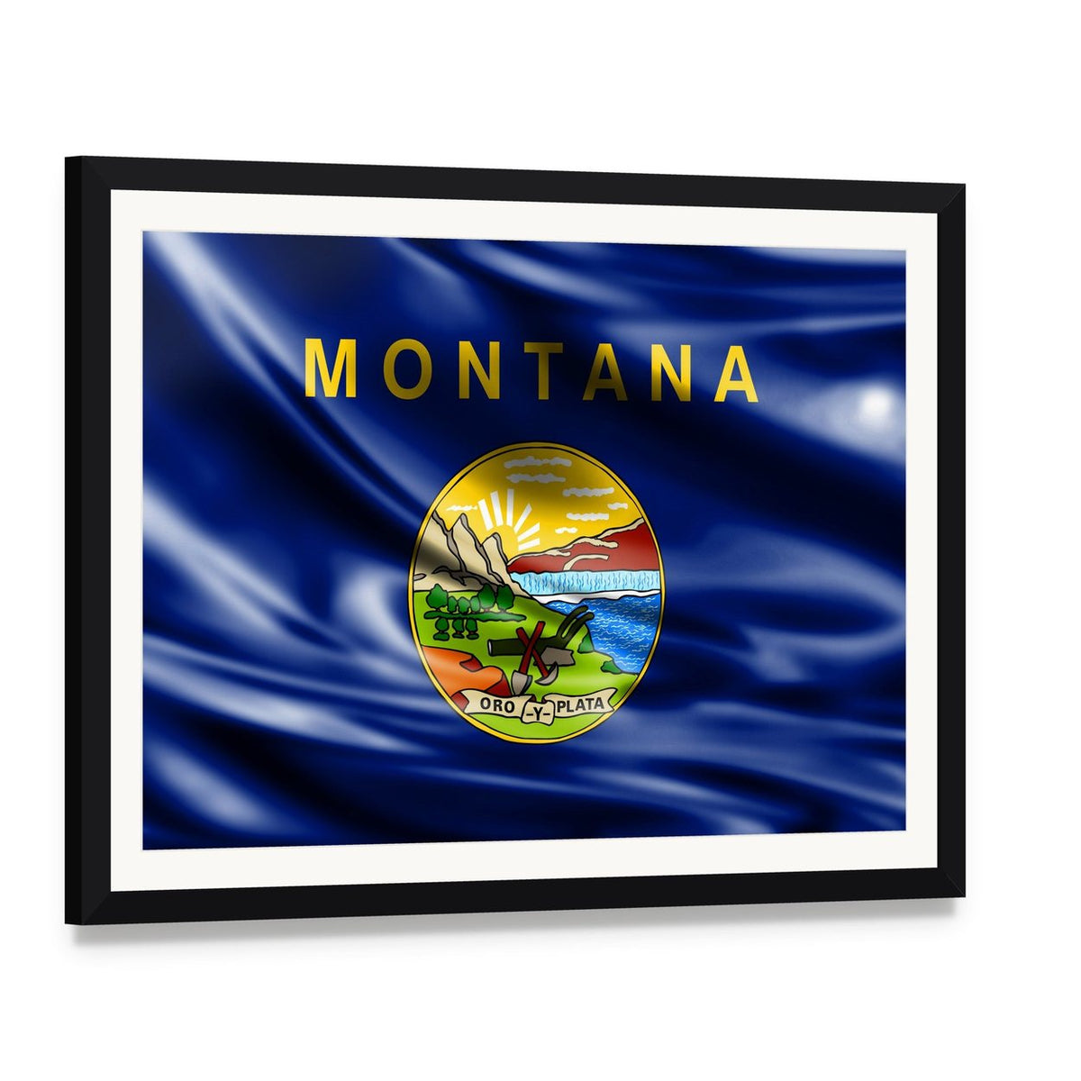 Montana Flag with State Seal Canvas Wall Art, framed print with white mat and black frame, angled product view