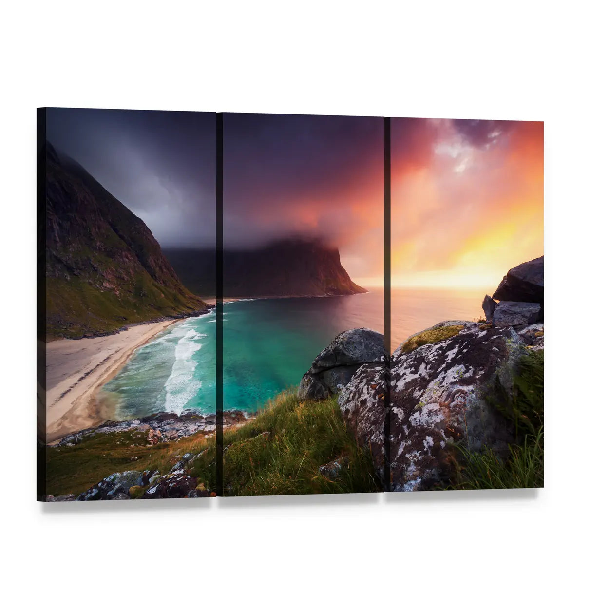 Kvalvika Beach at Sunset, Norway Canvas Wall Art, 3 panel 3 Horizontal layout gallery wrapped canvas set, angled product view