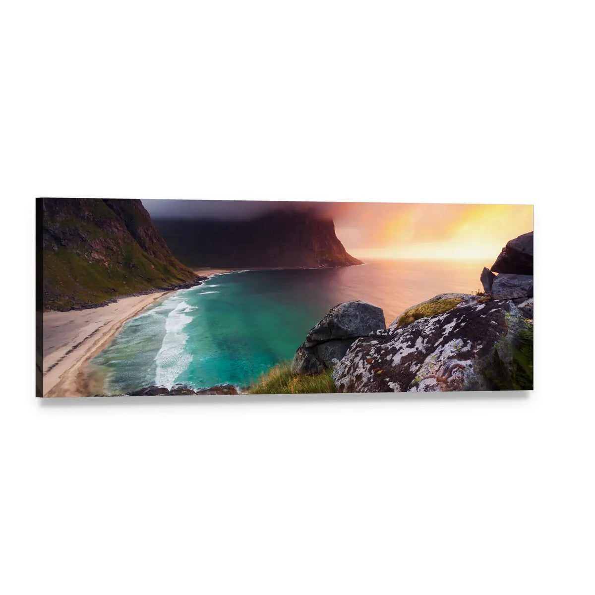 Kvalvika Beach at Sunset Panoramic Canvas Wall Art, single panel gallery wrapped canvas, angled product view
