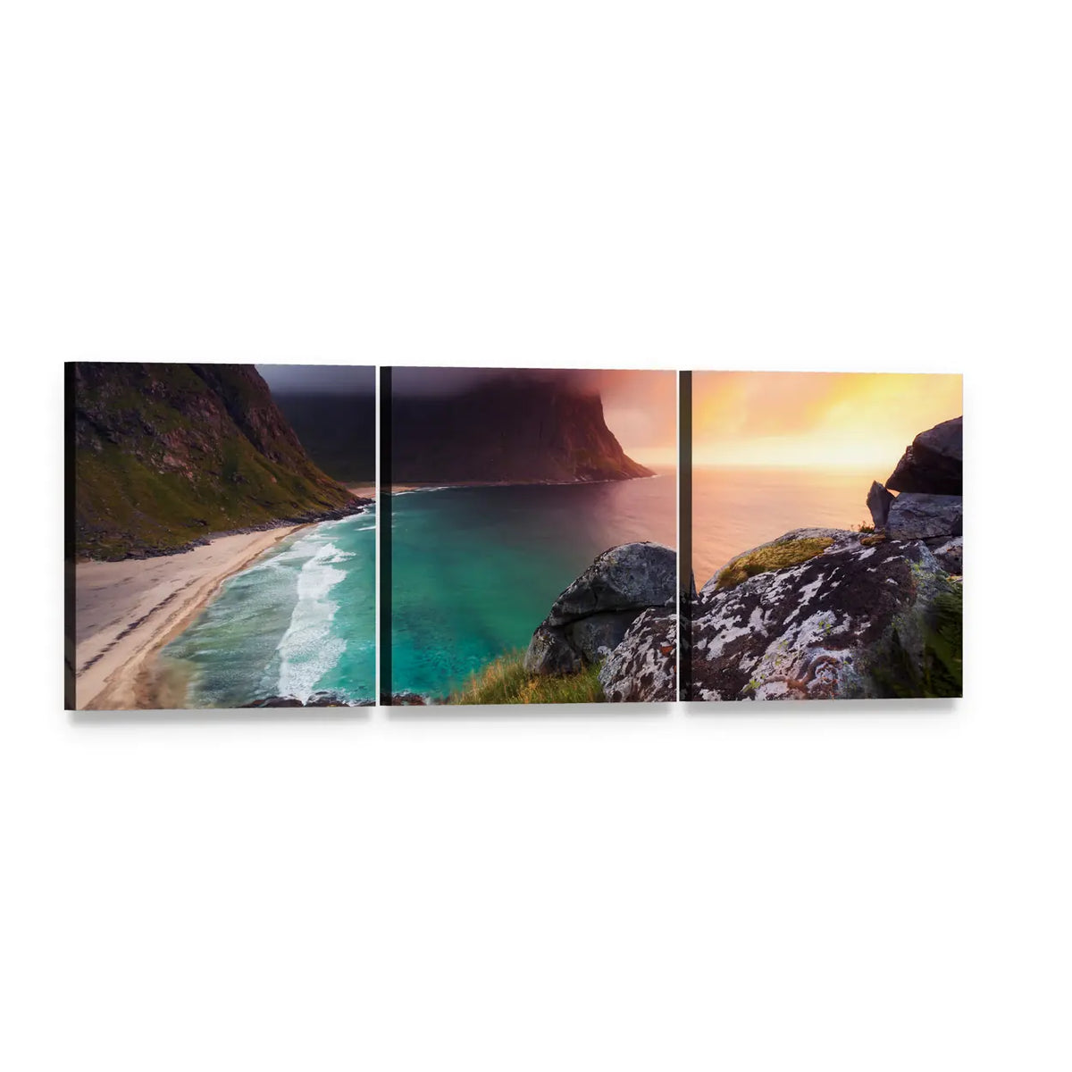 Kvalvika Beach at Sunset Panoramic Canvas Wall Art, 3 panel 3 Piece layout gallery wrapped canvas set, angled product view