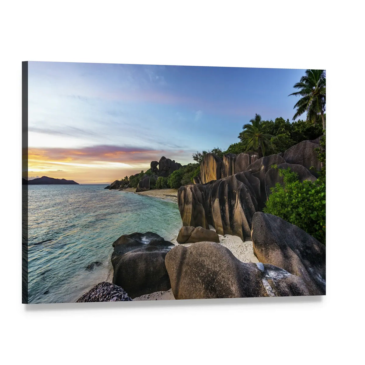 Romantic Sunset on Paradise Beach Canvas Wall Art, single panel gallery wrapped canvas, angled product view