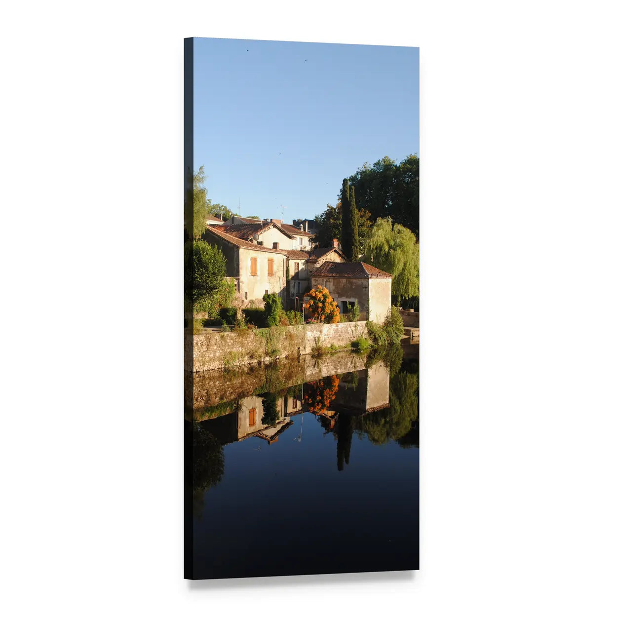 French Riverside Village at Golden Hour Vertical Canvas Wall Art, 1 panel 1 Vertical layout gallery wrapped canvas set, angled product view