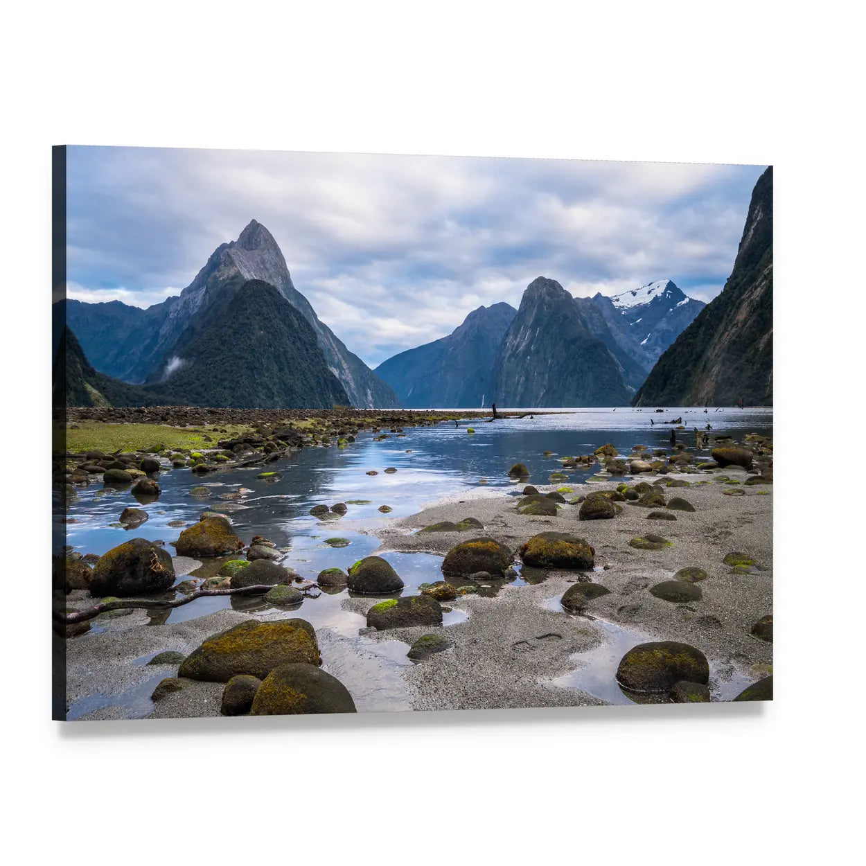 Milford Sound Calm Water and Peaked Mountains Canvas Wall Art, single panel gallery wrapped canvas, angled product view