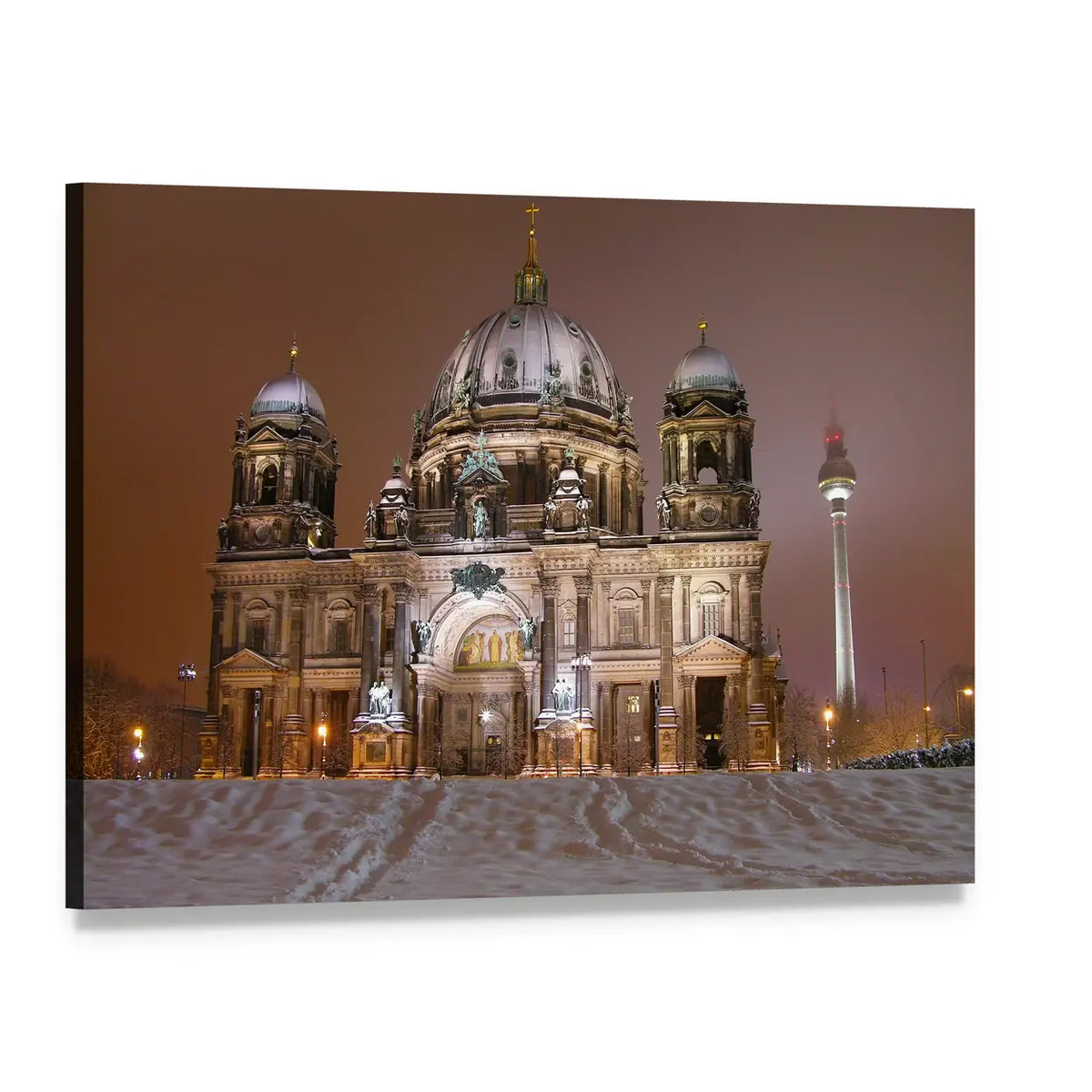 Berlin Cathedral Winter Night Canvas Wall Art, single panel gallery wrapped canvas, angled product view