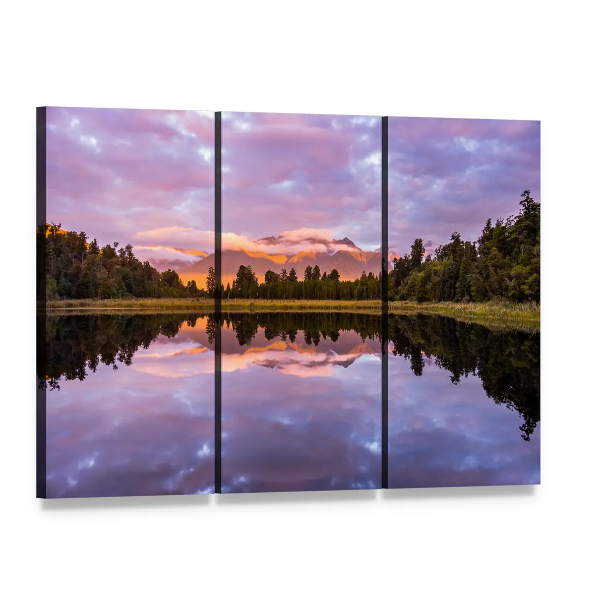 Matheson Lake at Dusk Canvas Wall Art, 3 panel 3 Horizontal layout gallery wrapped canvas set, angled product view