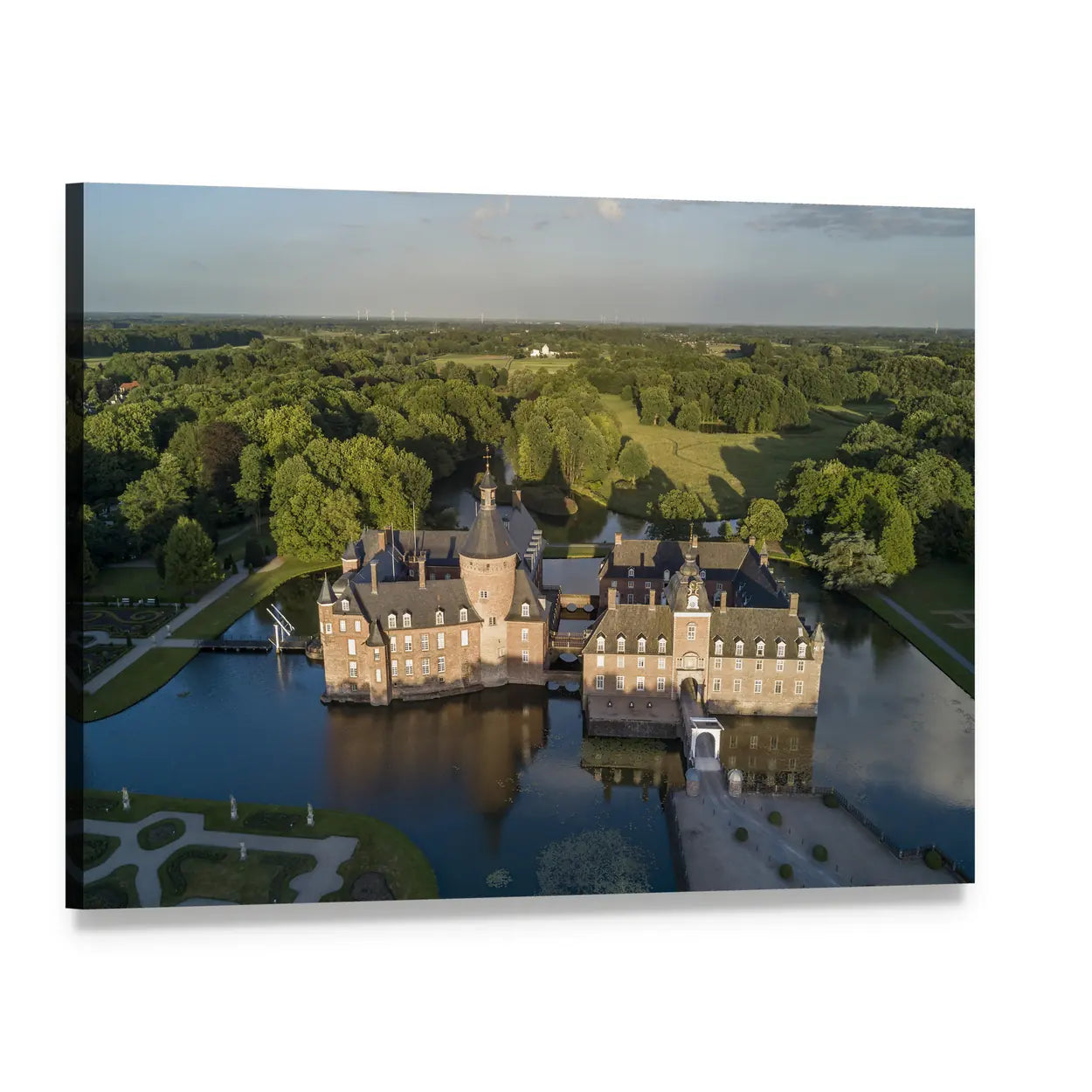 Aerial View of Brick Castle and Moat Canvas Wall Art, single panel gallery wrapped canvas, angled product view