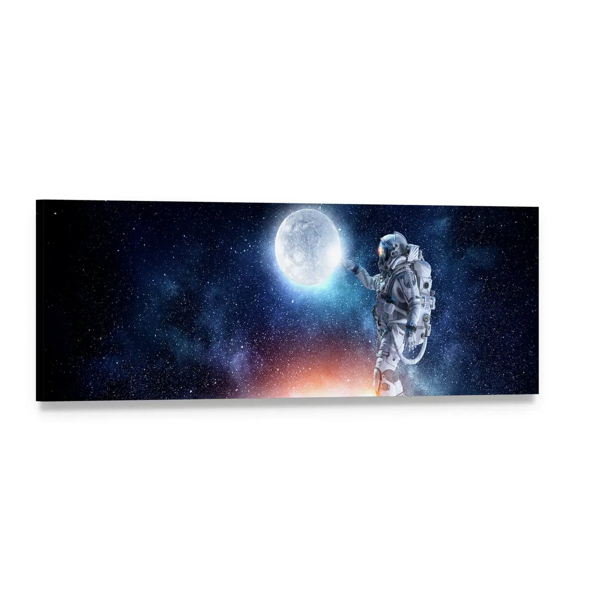 Astronaut Beside Glowing Moon and Nebula Panoramic Canvas Wall Art, single panel gallery wrapped canvas, angled product view