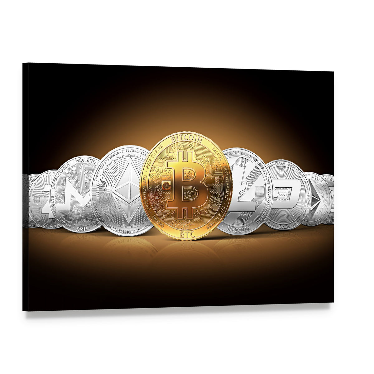 Bitcoin and Altcoin Coins Canvas Wall Art, single panel gallery wrapped canvas, angled product view