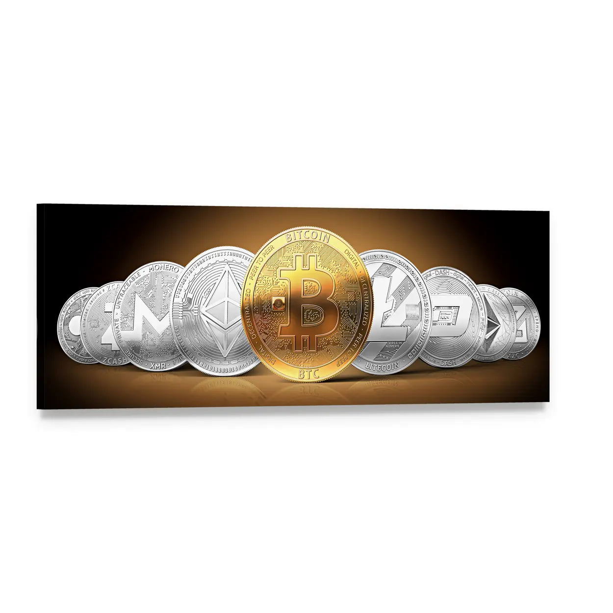 Gold Bitcoin with Ethereum and Litecoin Panoramic Canvas Wall Art, single panel gallery wrapped canvas, angled product view