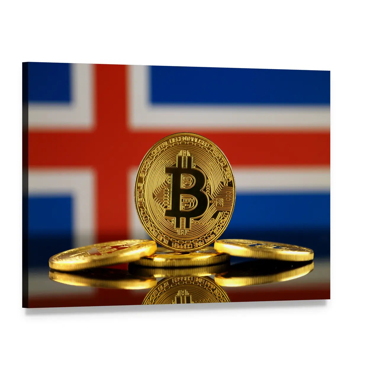 Iceland Flag with Bitcoin Coins Canvas Wall Art, single panel gallery wrapped canvas, angled product view