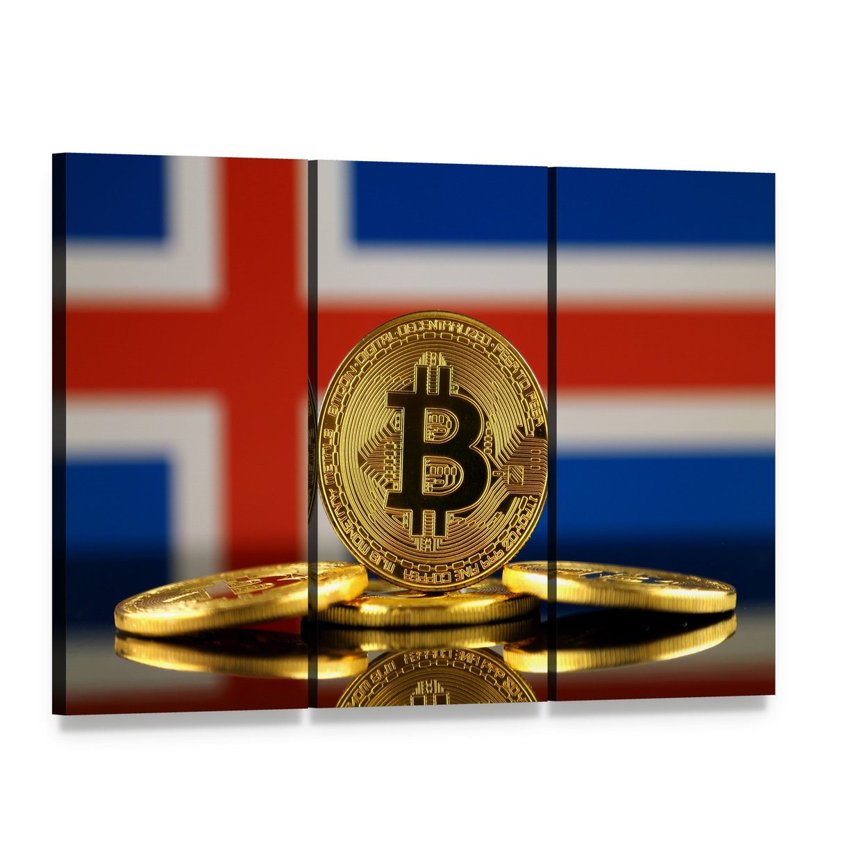 Bitcoin Close-up on Icelandic Flag Canvas Wall Art, 3 panel 3 Horizontal layout gallery wrapped canvas set, angled product view