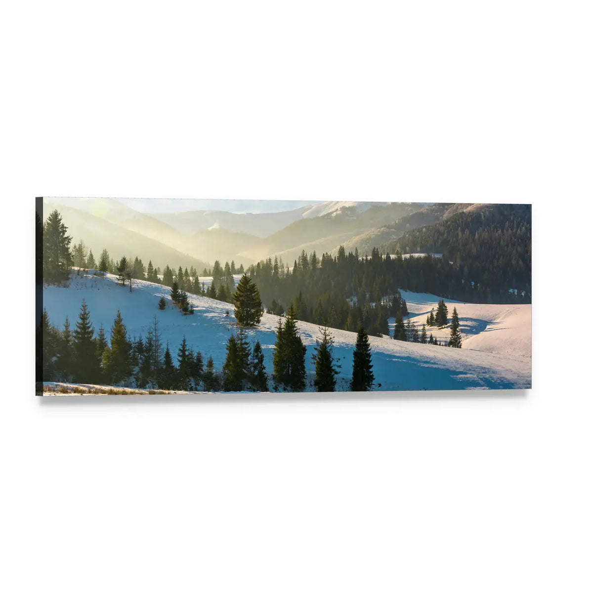 Snow Covered Forested Hills Panoramic Canvas Wall Art, single panel gallery wrapped canvas, angled product view