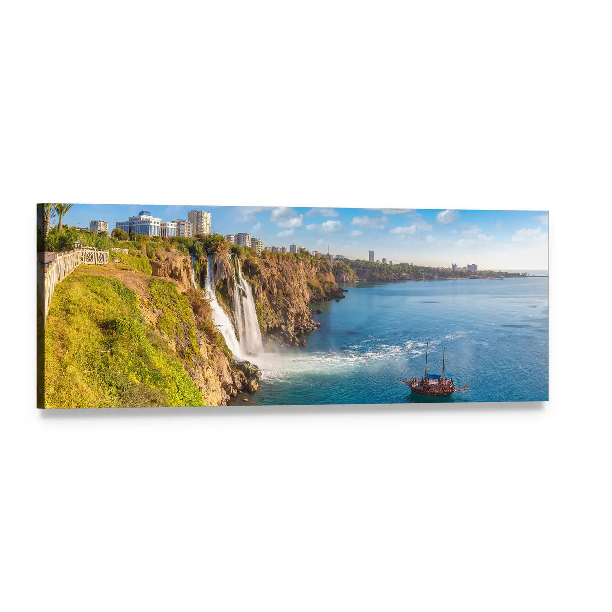 Coastal Waterfall with Two-masted Wooden Boat Panoramic Canvas Wall Art, single panel gallery wrapped canvas, angled product view