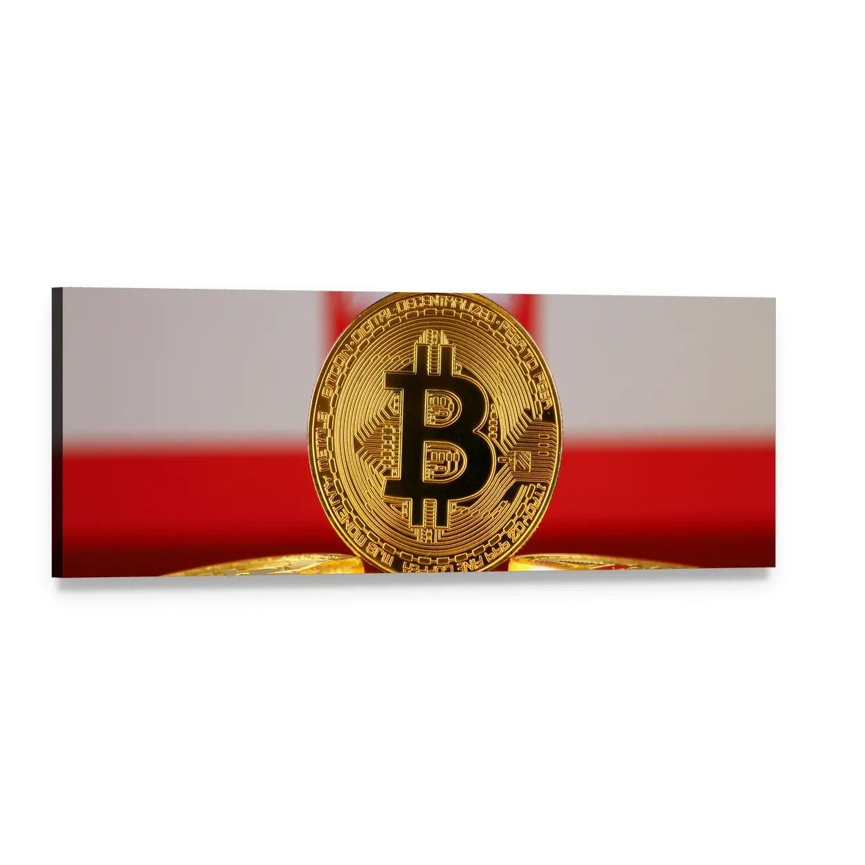 Golden Bitcoin Over Saint George's Cross Flag Panoramic Canvas Wall Art, single panel gallery wrapped canvas, angled product view