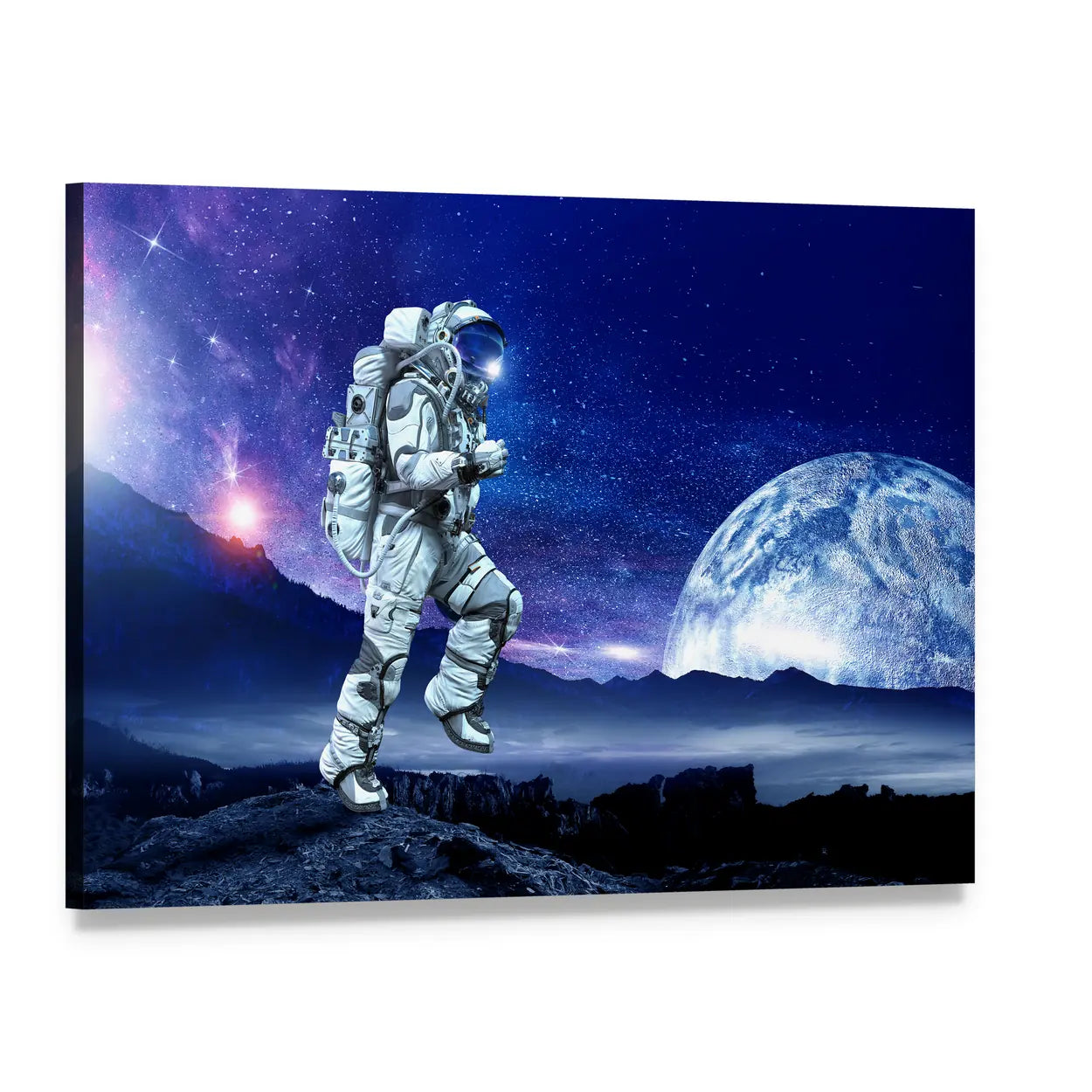 Astronaut Exploring Cratered Planet Canvas Wall Art, single panel gallery wrapped canvas, angled product view