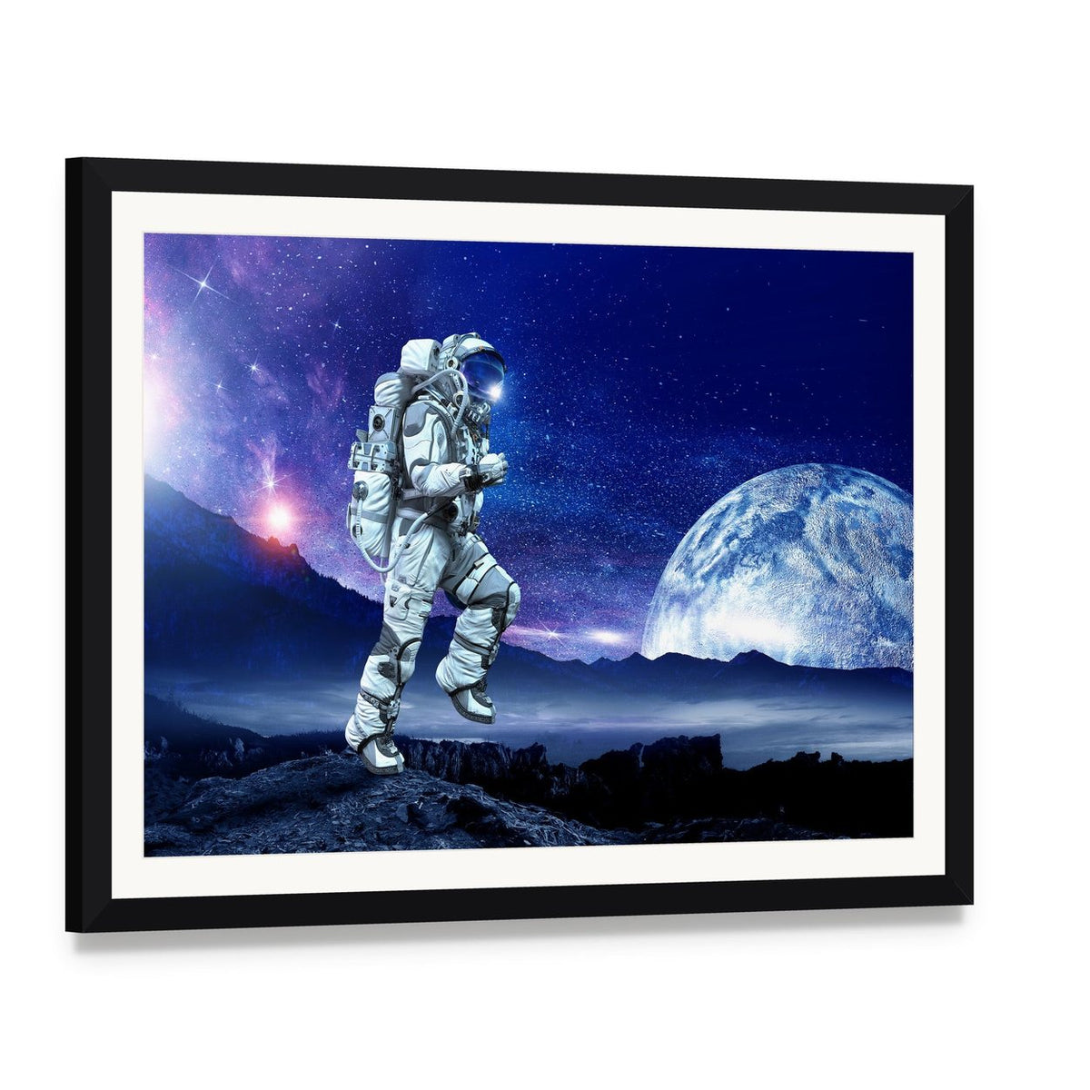 Astronaut Running Beneath a Large Moon Canvas Wall Art, framed print with white mat and black frame, angled product view
