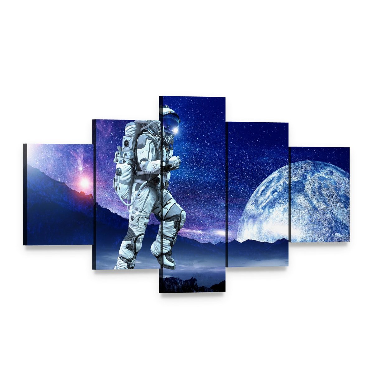 Astronaut Running Beneath a Large Moon Canvas Wall Art, 5 panel 5 Star layout gallery wrapped canvas set, angled product view