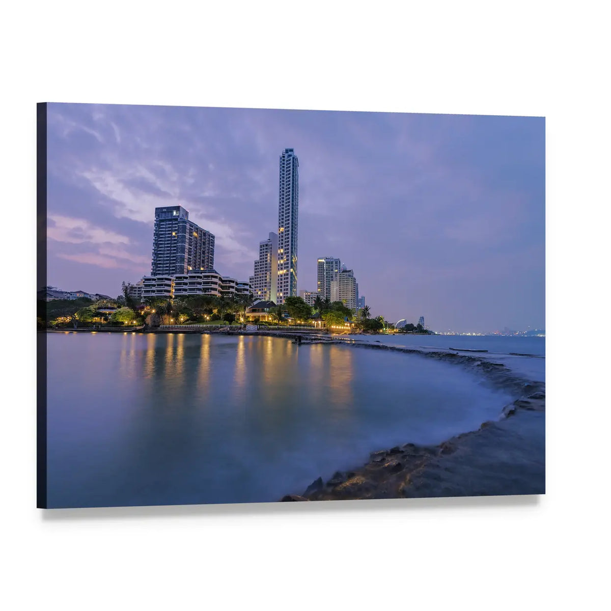 Twilight Seaside Town Skyline Canvas Wall Art, single panel gallery wrapped canvas, angled product view