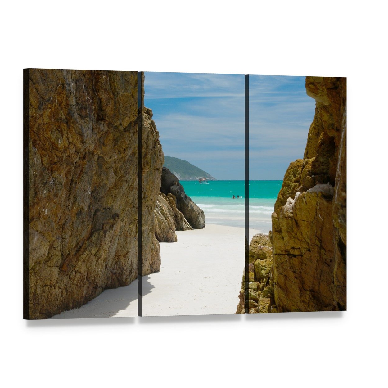 Beach Cave Framed by Rocks Canvas Wall Art, 3 panel 3 Horizontal layout gallery wrapped canvas set, angled product view