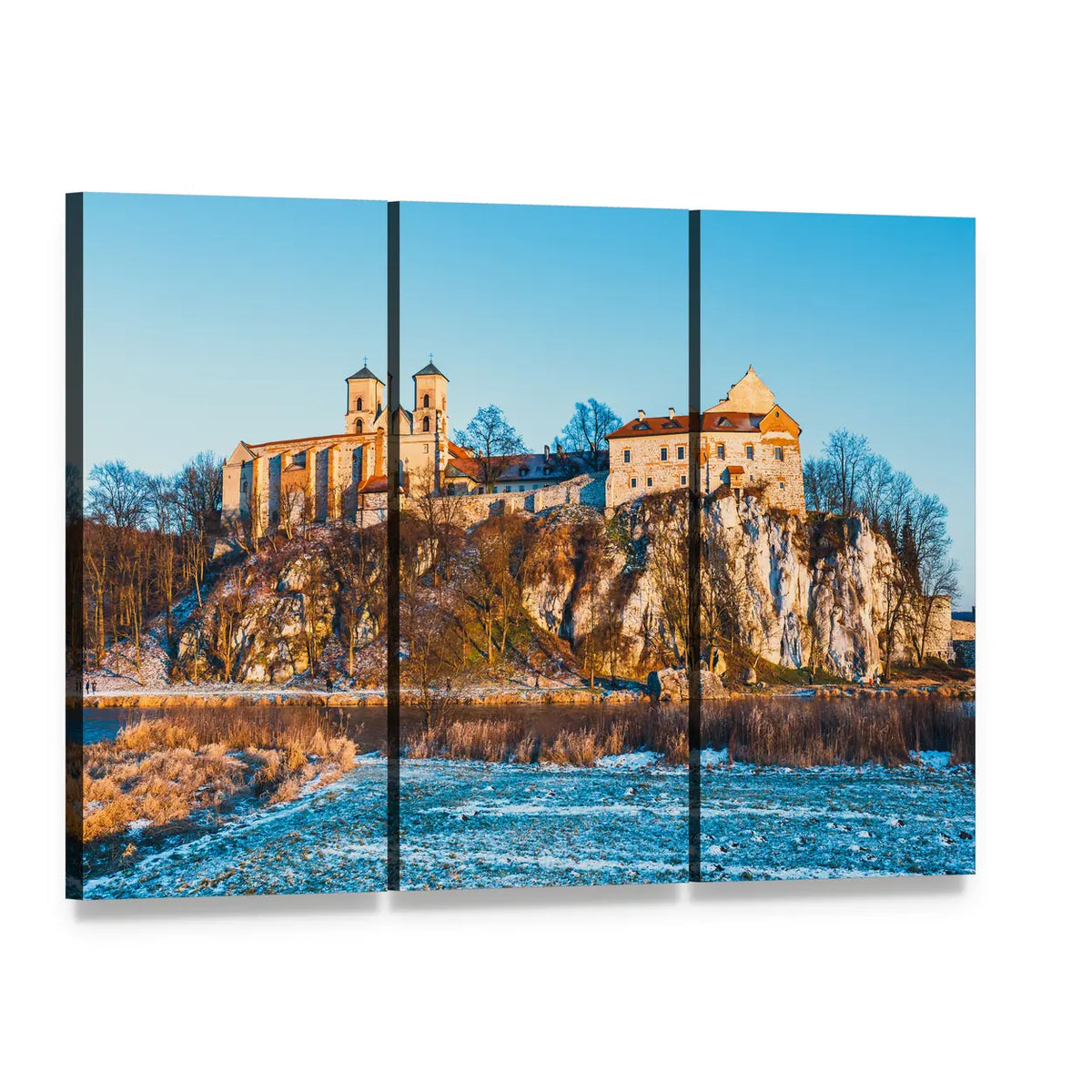 Benedictine Abbey of Tyniec Canvas Wall Art, 3 panel 3 Horizontal layout gallery wrapped canvas set, angled product view