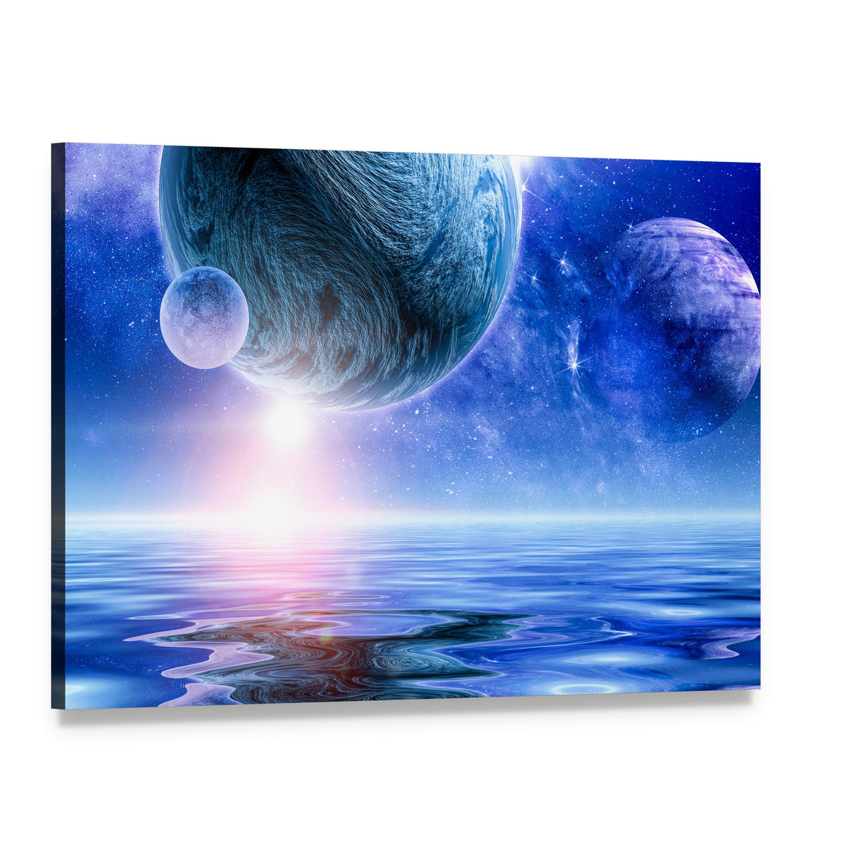 Glowing Planets Over Rippling Cosmic Water Canvas Wall Art, single panel gallery wrapped canvas, angled product view