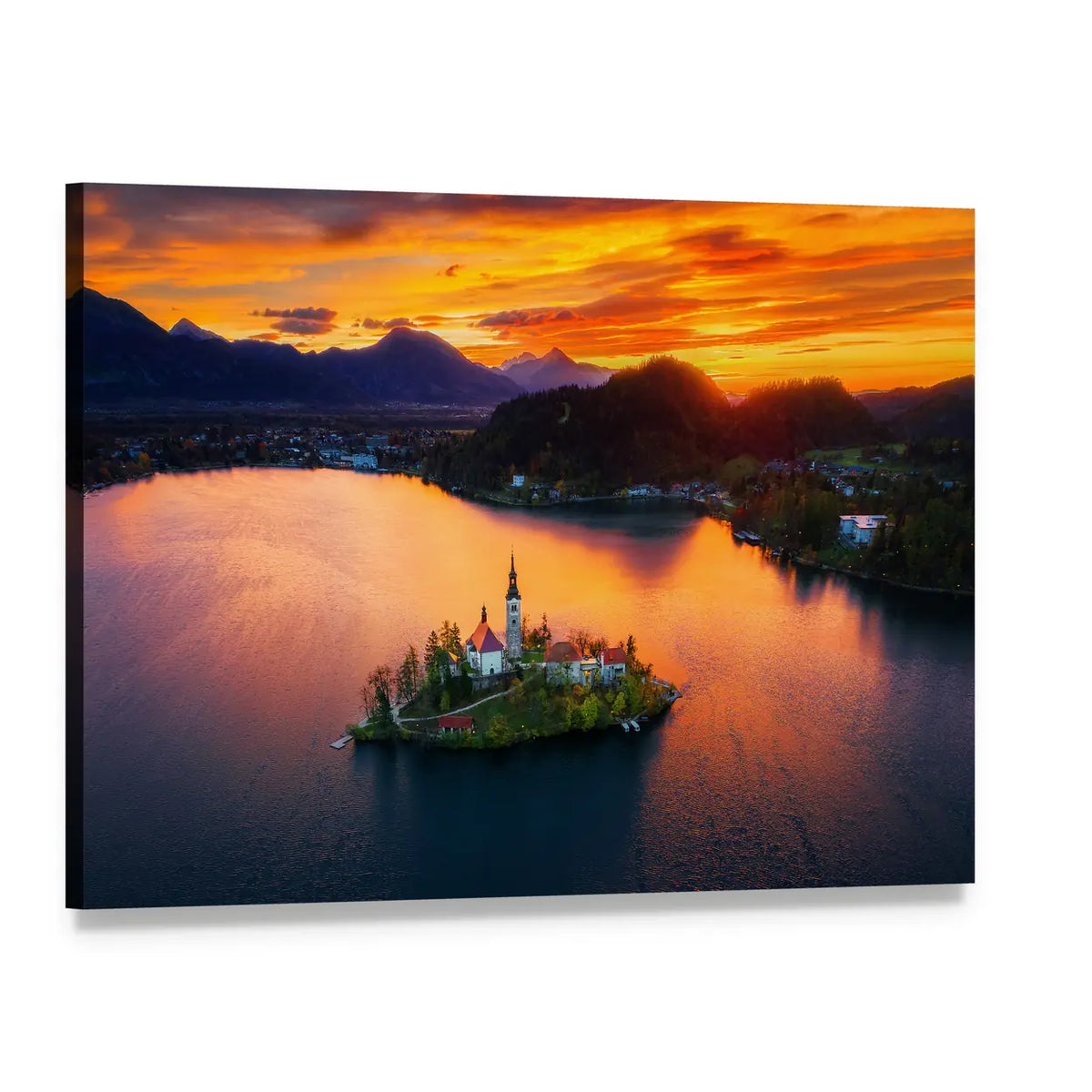 Island Church at Sunset Canvas Wall Art, single panel gallery wrapped canvas, angled product view