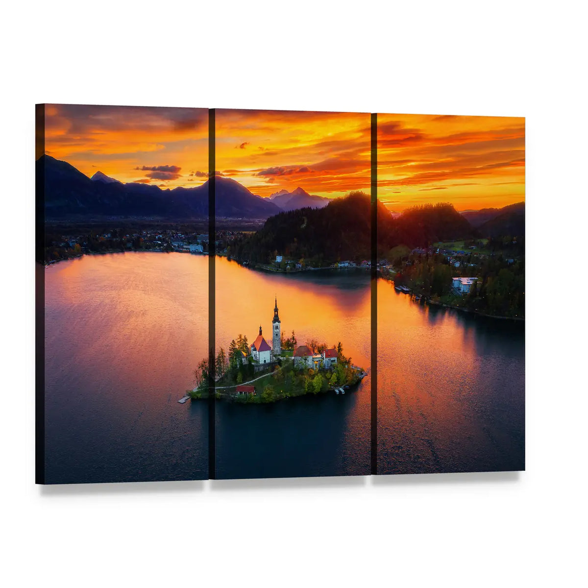 Island Church at Sunset Canvas Wall Art, 3 panel 3 Horizontal layout gallery wrapped canvas set, angled product view
