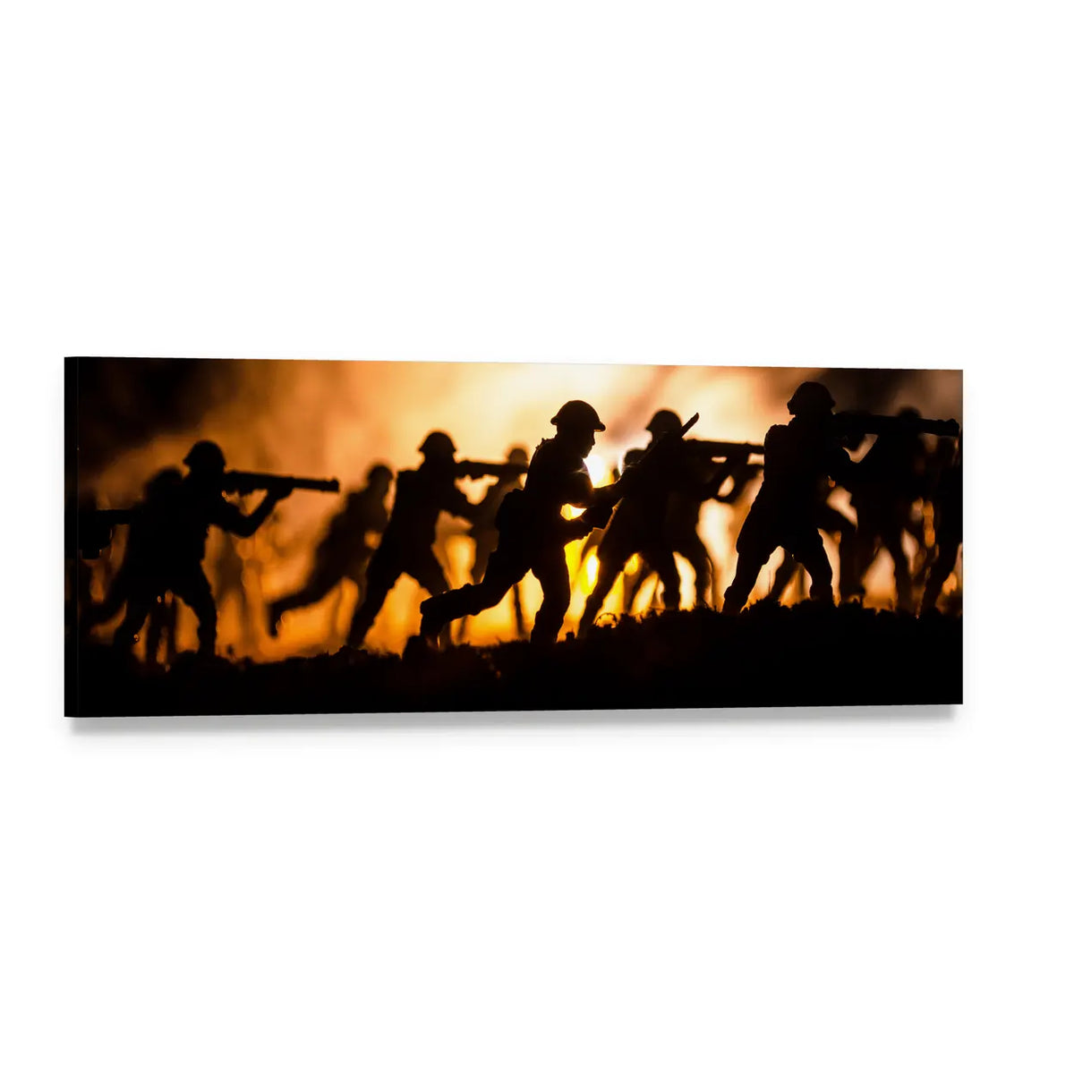 Charging Soldiers Under Fiery Sky Panoramic Canvas Wall Art, single panel gallery wrapped canvas, angled product view