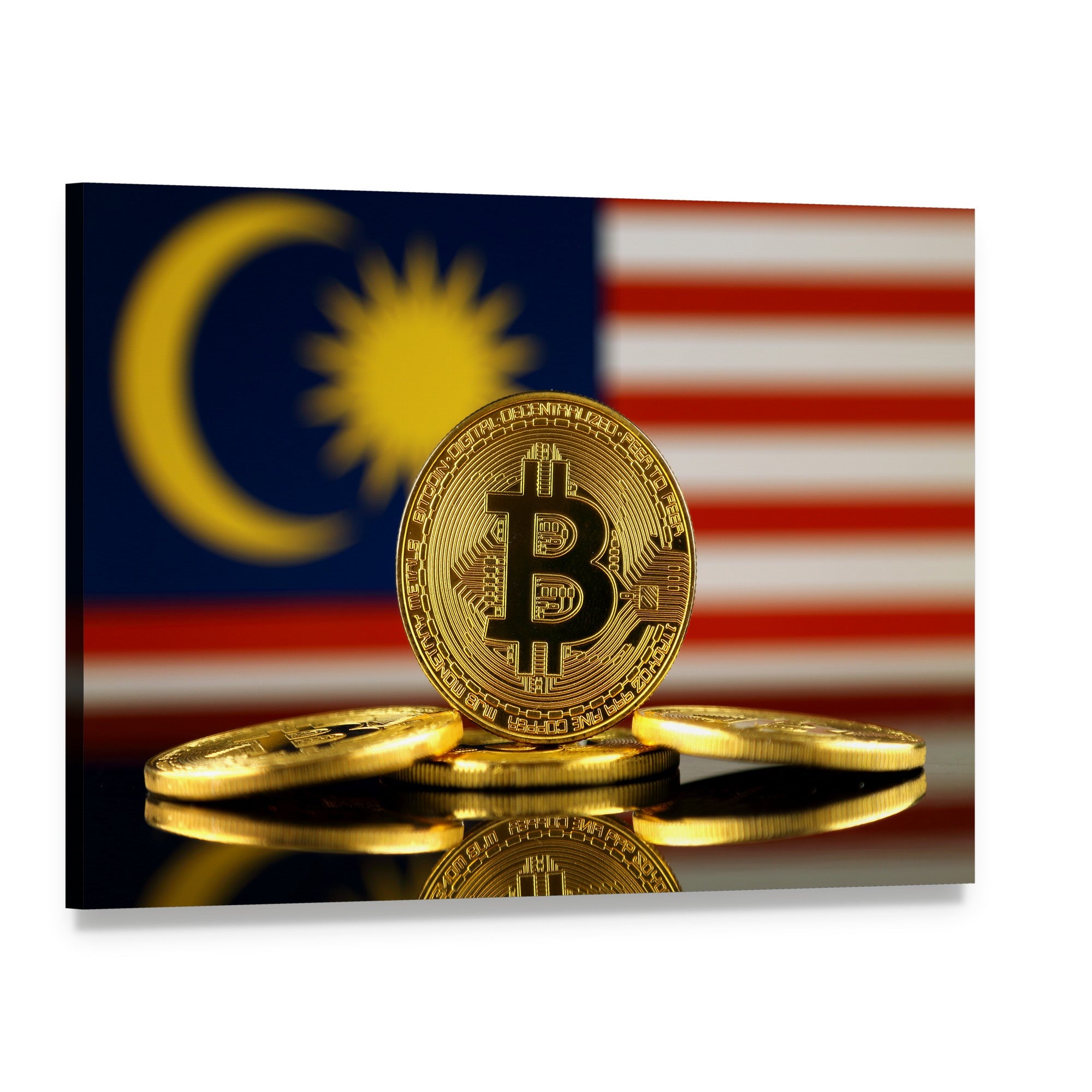 Bitcoin Coins with Malaysian Flag Canvas Wall Art, single panel gallery wrapped canvas, angled product view