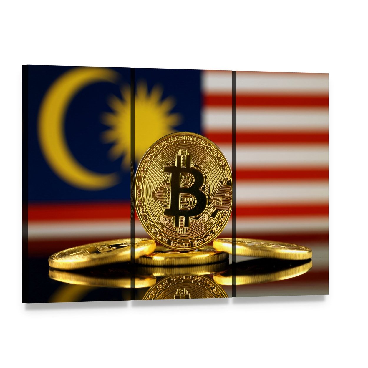 Bitcoin Coins with Malaysian Flag Canvas Wall Art, 3 panel 3 Horizontal layout gallery wrapped canvas set, angled product view