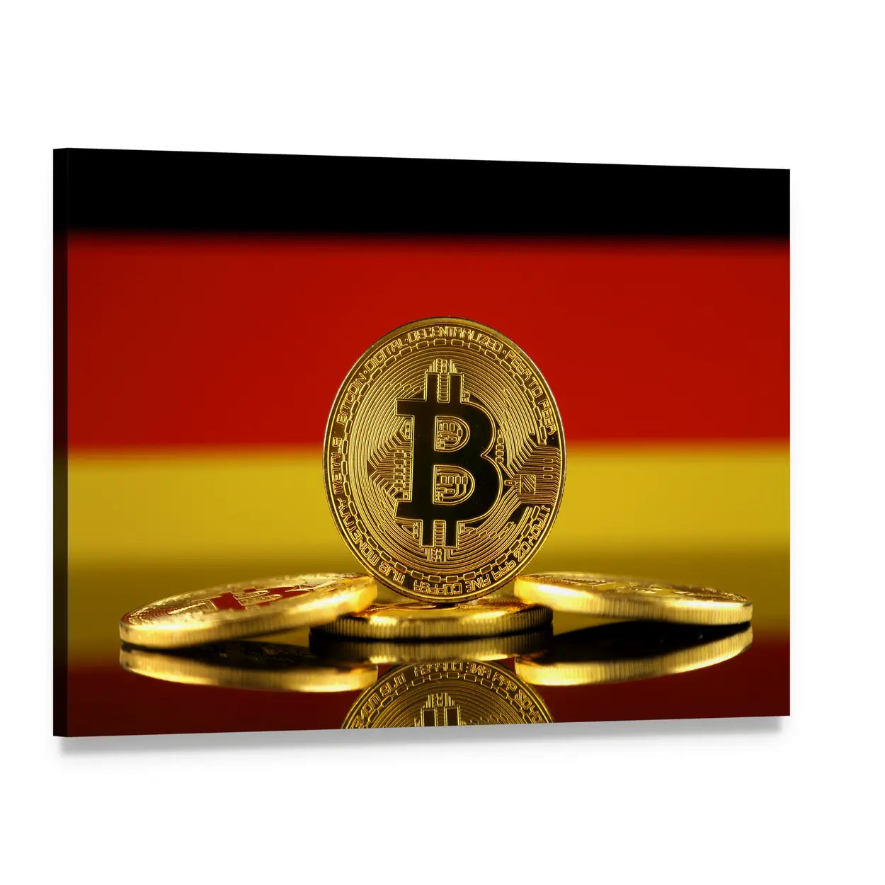 Bitcoin Coin with German Flag Canvas Wall Art, single panel gallery wrapped canvas, angled product view