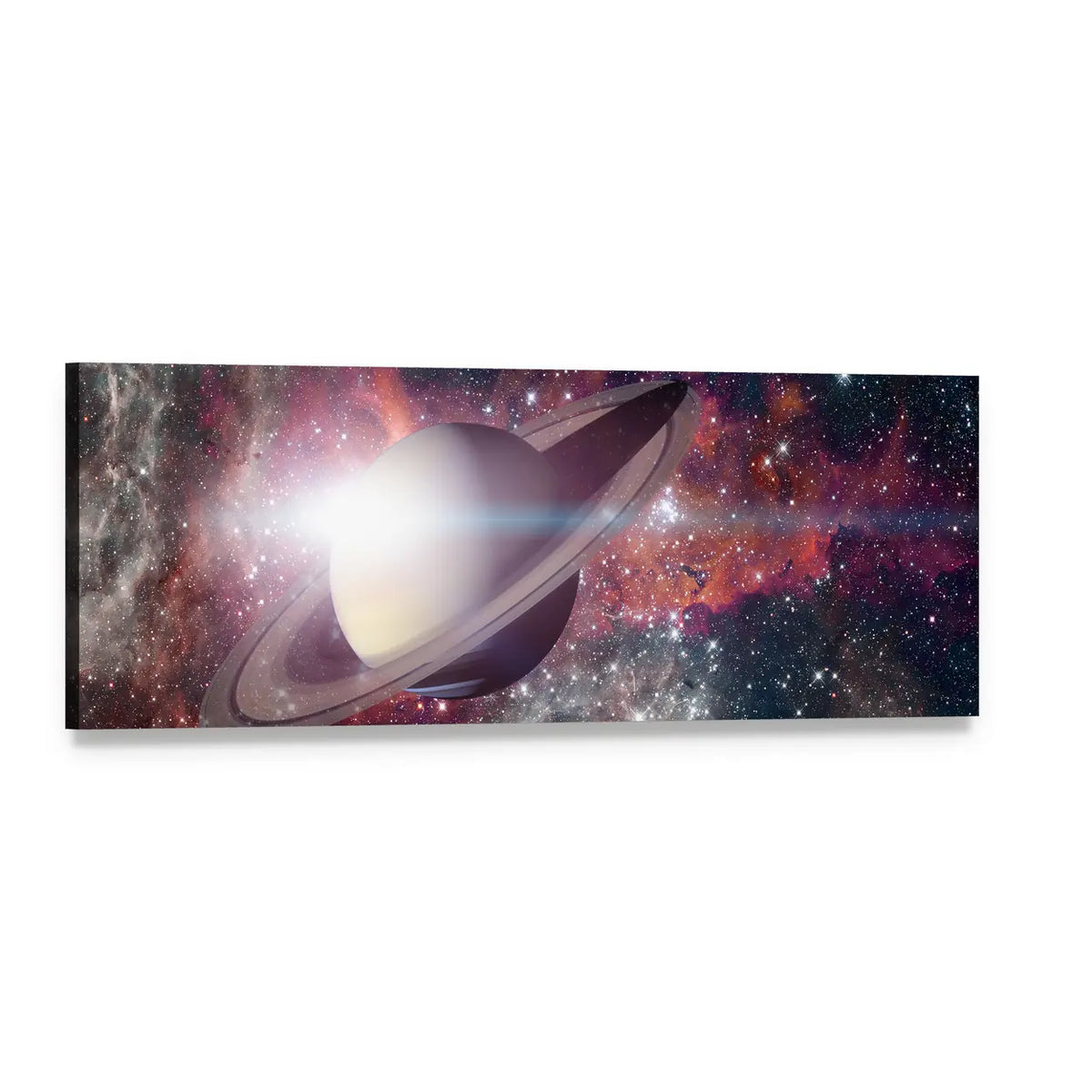 Saturn with Detailed Rings and Nebula Panoramic Canvas Wall Art, single panel gallery wrapped canvas, angled product view
