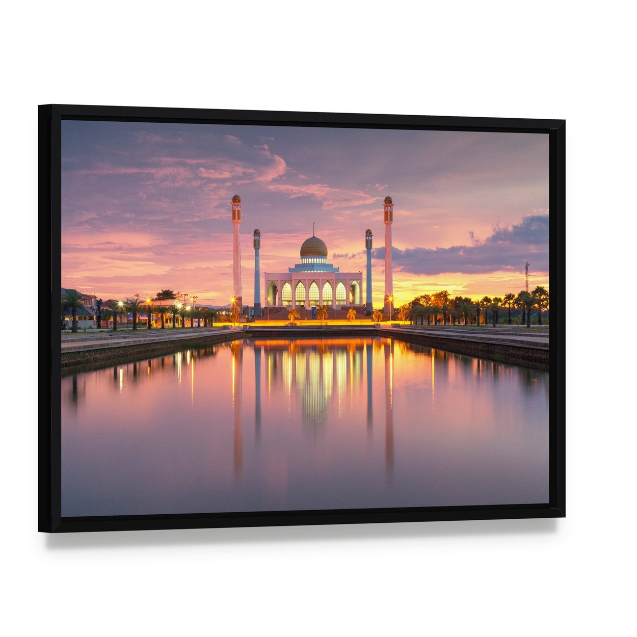 Songkhla Mosque Sunset Reflection Canvas Wall Art, framed canvas in a black floater frame, angled product view