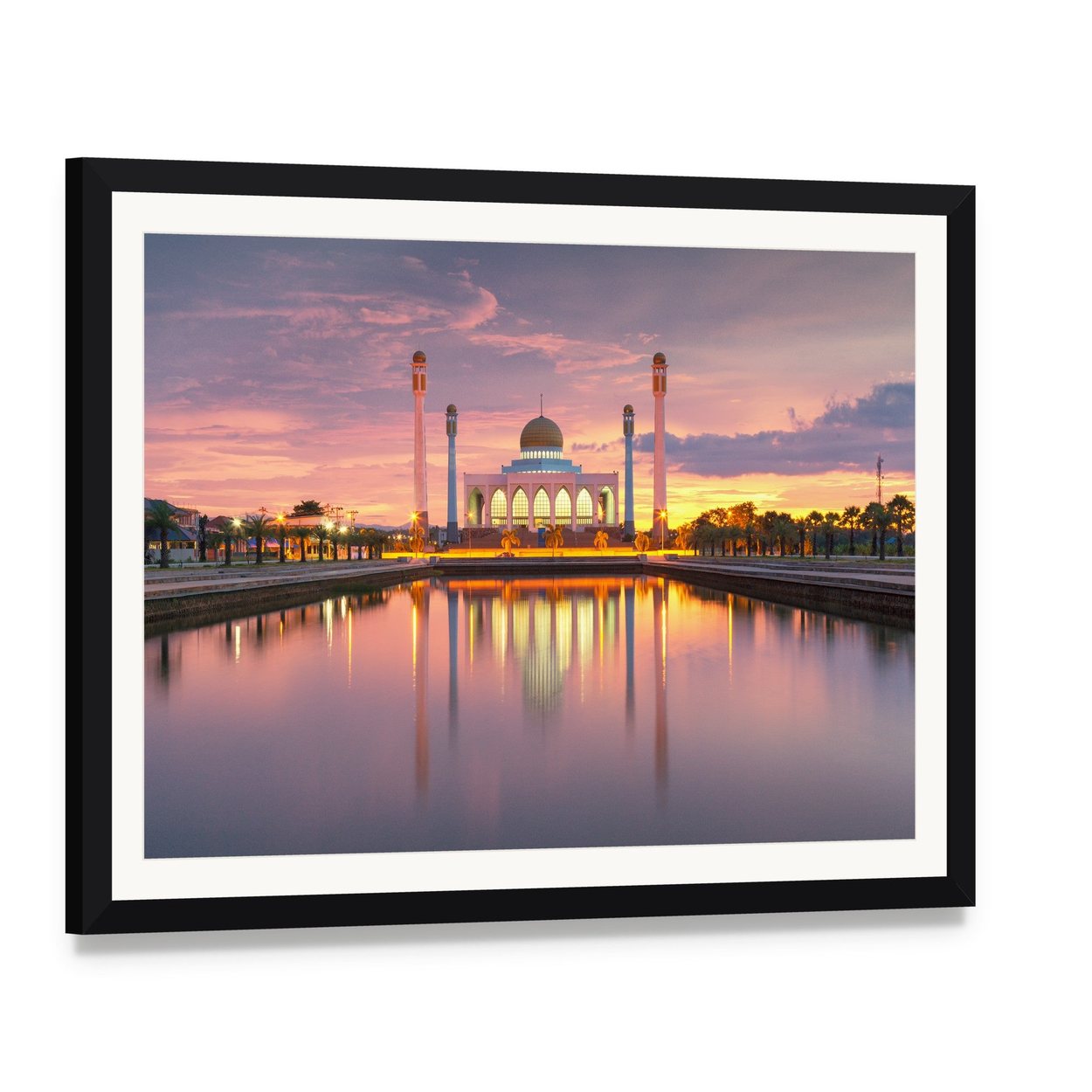 Songkhla Mosque Sunset Reflection Canvas Wall Art, framed print with white mat and black frame, angled product view